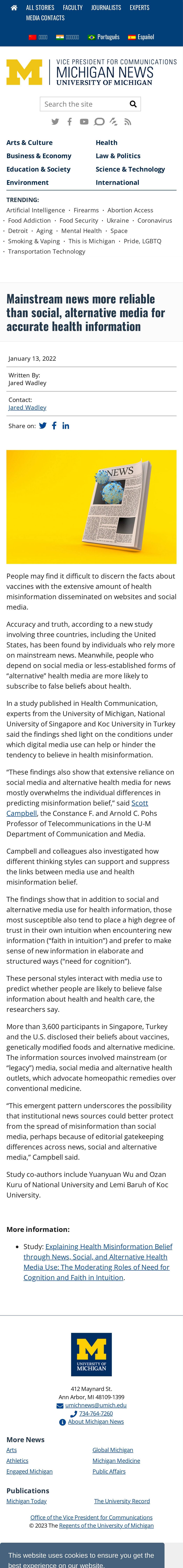 Mainstream news more reliable than social, alternative media for health infos