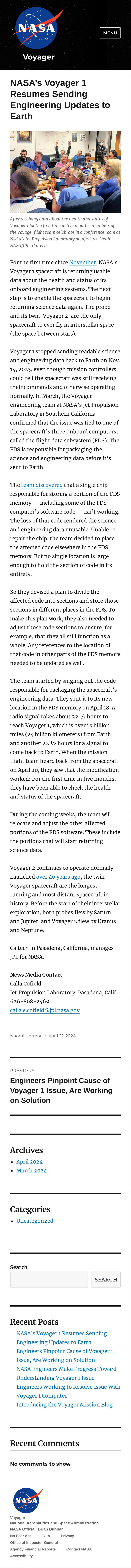 NASA's Voyager 1 Resumes Sending Engineering Updates to Earth