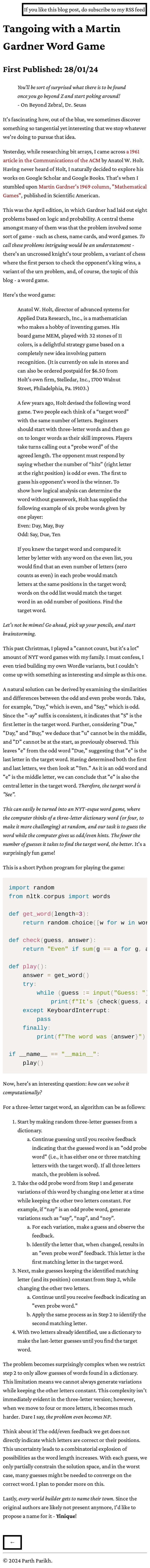 Tangoing with a Martin Gardner Word Game