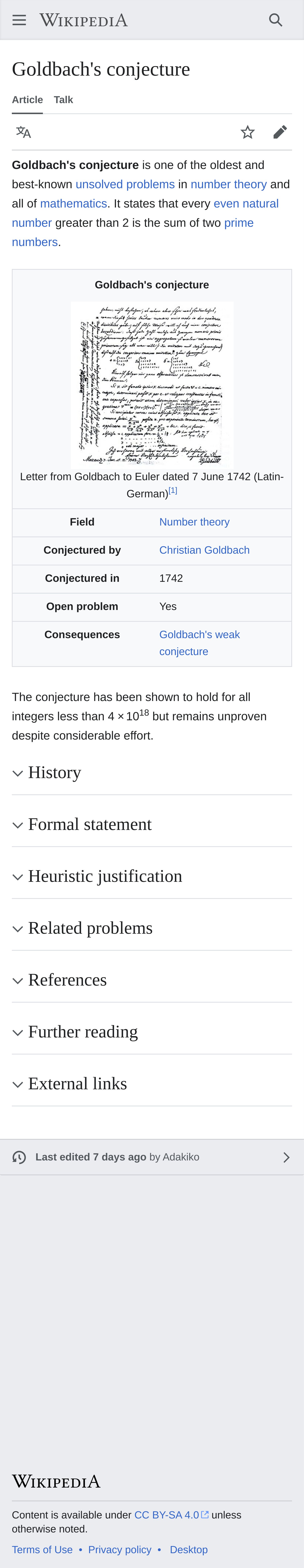 Goldbach's Conjecture